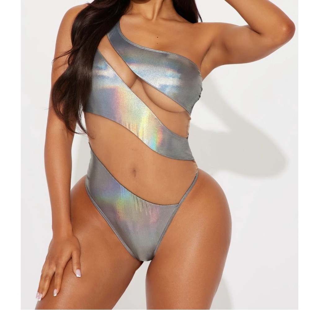 Fashion Nova Iridescent One-Shoulder Swimsuit